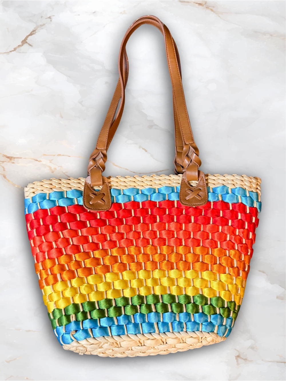 Rainbow Raw Woven Straw Tote Basket with Leather Handles - Picture 2 of 8